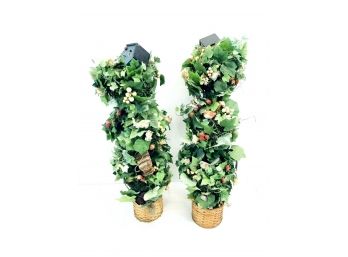 Pair Of Artificial Leaf Floral Arrangements - Adorned W/ Bird Houses, Birds, Butterflies, Raspberries - #AR1