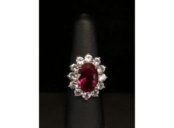 Sterling Silver Ring With Synthetic Ruby Surrounded By Cubic Zirconias - #C