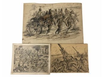 Collection Of Signed Military Battle Graphite On Paper Drawings - #S11-5