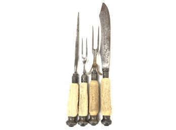 Vintage Meat Carving Set With Stag Horn & Sterling Silver Handles - #JC