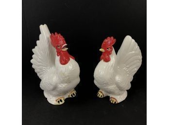 1940s Ceramic Rooster & Hen Statues By Chase, Made In Japan - #FS-5