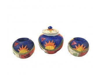 Hand Painted Studio Pottery Candleholders & Lidded Jar - #FS