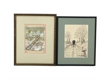 Signed Pen & Ink Countryside Landscape And Signed Winter Landscape O/B Painting - #S12-5