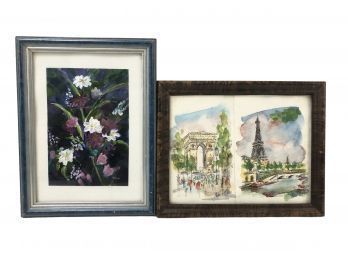 Signed Parisian Ink & Watercolor Paintings And Signed Floral Still Life Acrylic Painting - #S12-5