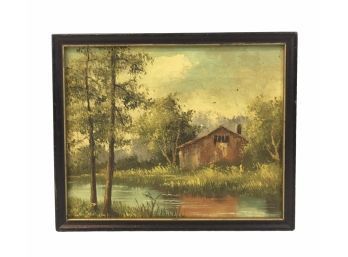 Signed Farmhouse Landscape Oil On Canvas Painting - #SW