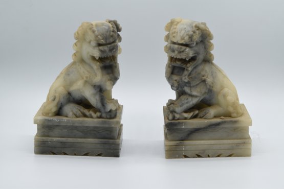 Chinese Antique Early 20th Century Carved Marble Buddhist Foo Dog Lions Bookends Statues
