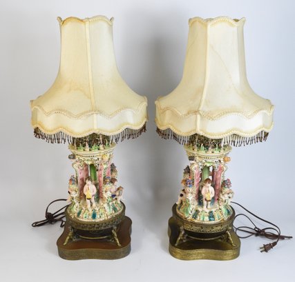 CAPODIMONTE Brass Base Porcelain Italian Table Lamps Circa 30s-40s - 2 Total