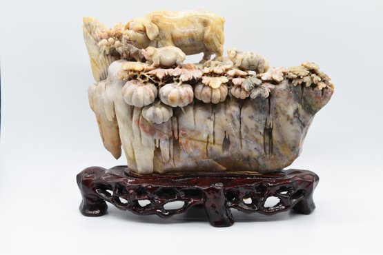 Extremely Detailed Chinese Soapstone Carving Of Pig With Piglets Atop A Cliff