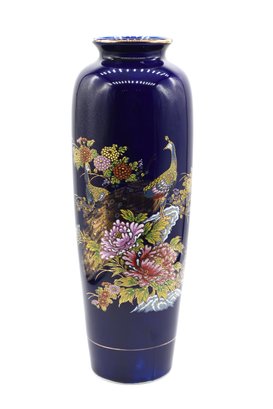 Japanese Porcelain Cobalt Blue Peacock Vase With Detailed Gold Inlay