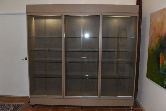 Large 3 Section Display Cabinet W/ Glass Shelving & Lockable Sliding Glass Doors - Commercial Display