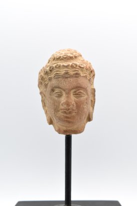 15th Century Fragment Of A Stone Buddha Head On Wooden Base