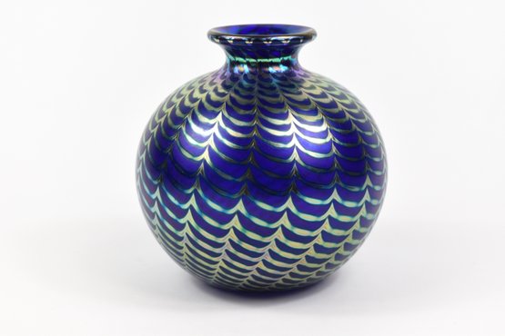 Steven Correia Hand Blown Aureen Art Glass Vase Featuring A Gorgeous Iridescent Mirror Toned Feathering