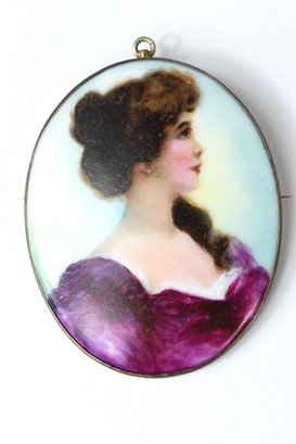 Large Porcelain Cameo Brooch Pin Hand Decorated
