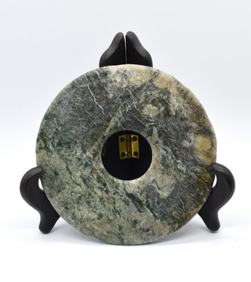 Chinese Hand Carved Round Jade Disc On Stand