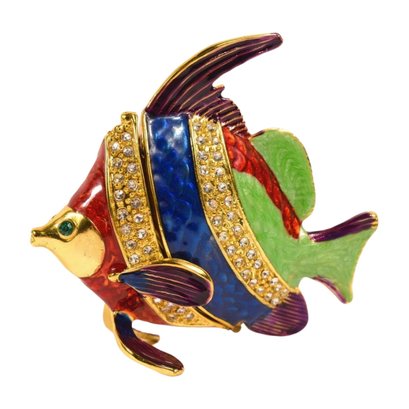 Colorful Enameled Angelfish Gold Toned Trinket Box Studded With Rhinestones