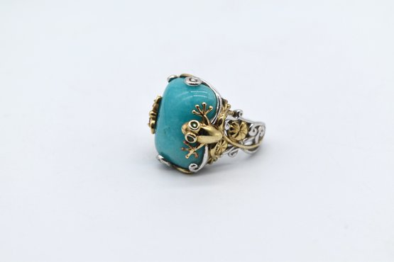 Michel Valitutti Gems EN Vogue Turquoise Sterling Silver 925 Frog Ring Size 7 Sapphire Eye Total Weight 13g