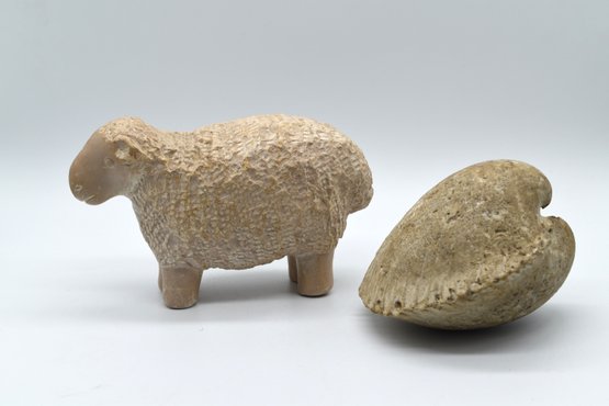 Stone Carved Sheep & Sea Shell - 2pcs Total
