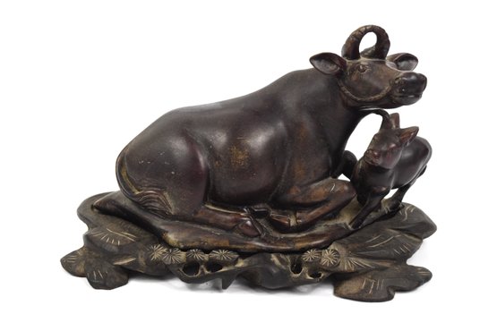 Antique Chinese Carving Of Water Buffalo & Calf On Detailed Wooden Base