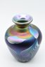 Exquisite Historical Lundberg Studios Signed 1975 Art Glass Vase With Multi Color Iridescent Feathering