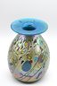 Gorgeous Hand Blown Double Layered Iridescent Art Glass Vase With A Pair Of Matching Blue Decorated Glasses