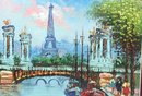 Beautiful & Bright Acrylic On Canvas Painting Of Eiffel Tower Over Canal France In Wood Frame