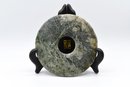 Chinese Hand Carved Round Jade Disc On Stand