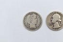 1915 Barber Quarter Dollar & 1941 Washington Silver Quarter US Currency Bullion Coins - 2 Total