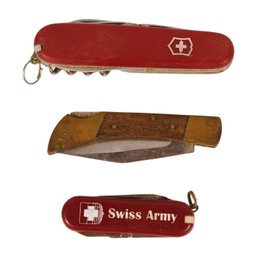 Vintage Pocket Knives Swiss Army & Wood Handled - 3 Total