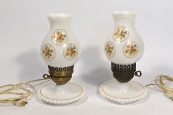 Pair Of Milk Glass Hurricane Table Lamps With Floral Decorations - 2 Total