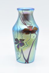 Stunning Iridescent Blue Silver Red & Yellows Art Glass Vase Signed By Lundberg Studios 1977