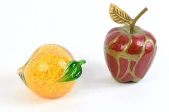 Decorative Glass Lemon With Brass Enameled Apple - 2pcs Total