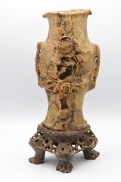 Chinese Relief Carved Soapstone Vase Hand Carved With Floral Flower & Bird Setting