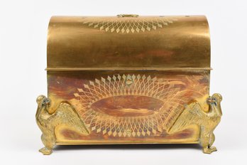 Antique Gilt Bronze Lidded  Letter Box Decorated With Cranes Around Bottom Corners