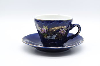 Japanese Gold Inlay Peacock Teacup & Saucer In Cobalt Blue