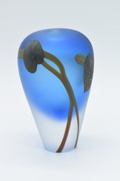 Frosted Blue Glass Vase Hand Decorated Signed 1982