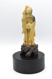 Chinese 20th Century Carved Asian Soapstone Sculpture Shou Lao On Wood Base