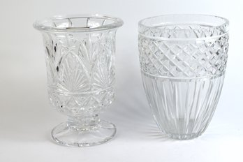 Vintage 70s Shannon Lead Crystal Hurricane Vase & Diamond Hatch Patterned Crystal Bouquet Vase - 2 Total