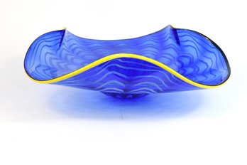 Beautiful Centerpiece Art Glass Vibrant Blue & Yellow Ruffled Display Bowl