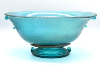 Vintage Hand Blown Iridescent Turquoise Glass Bowl Signed JR 1955