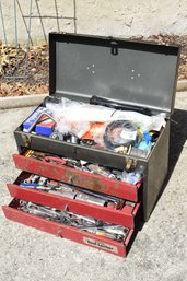 3 Draw Metal Toolbox Loaded With Assorted Tools Wrenches Pliers Drivers Sockets