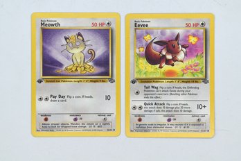 First Edition Pokemon Cards Meowth & Evee - 2 Total