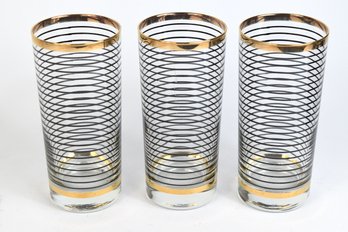 Mid-century Modern Gold Banded Inlay Glasses Barware - 3 Total