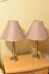 2 Night Table Lamps With Purple Shades & Brushed Aluminum  Base