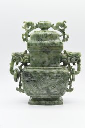 Chinese Jade Vase & Cover With Stylized Dragon Head Handles