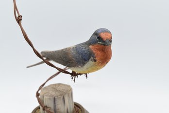 Hand Carved Cliff Swallow Bird Sculpture Perched Atop Fence Post Wire