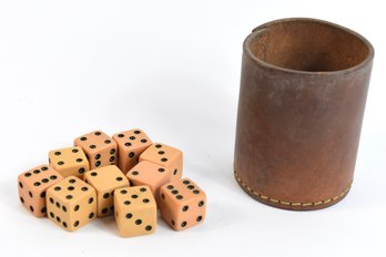 Vintage Dice Set With Leather Stitched Cup - 11pcs Total