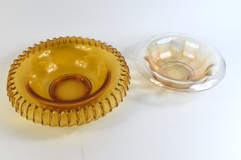 Vintage Amber Indiana Glass & Mid-century Iridescent Opalescent Tapered Bowl - 2 Total