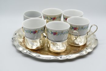 Davco Silver Plate Tea Set With Platter & Floral Cups