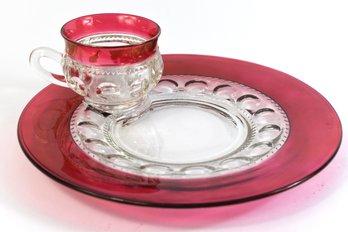 Tiffin Ruby Flashed Snack Plate & Cup - 3 Pairs Total