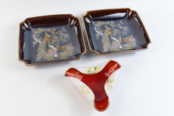 Vintage Otagiri OMC Japan Peacock Serving Plates & Glass Mid-Century Candy Dish - 3 Total